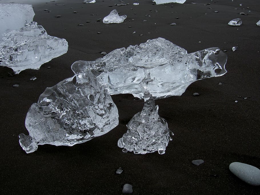ice, transparent, beach, black, iceland, chunks of ice, stones HD wallpaper
