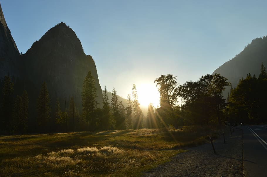 sunset, mountain, landscape, nature, tree, plant, sky, sunlight HD wallpaper