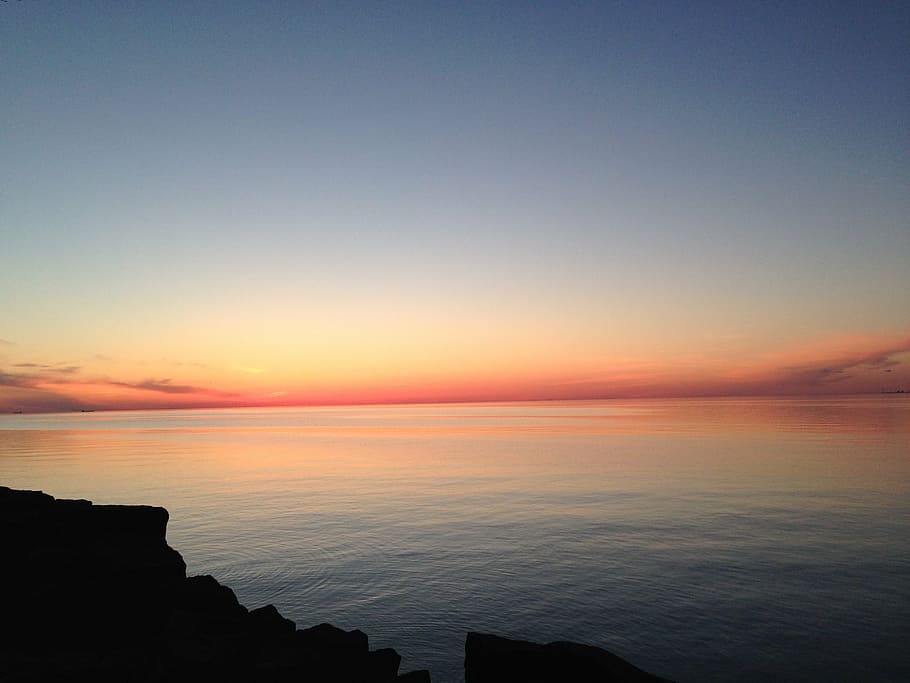 sunset, spring, nature, orange sky, water, lake, sea, dusk HD wallpaper