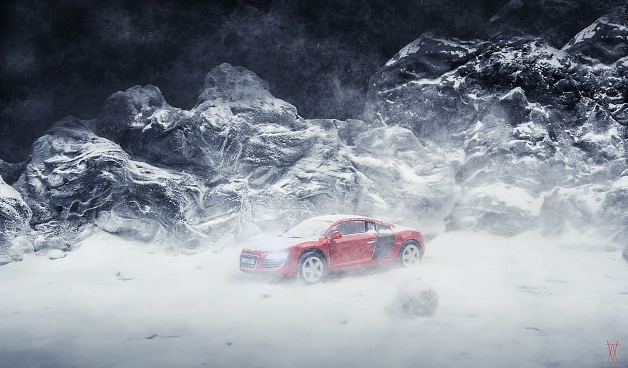 red coupe near mountain covered with snow during daytime, cars, HD wallpaper