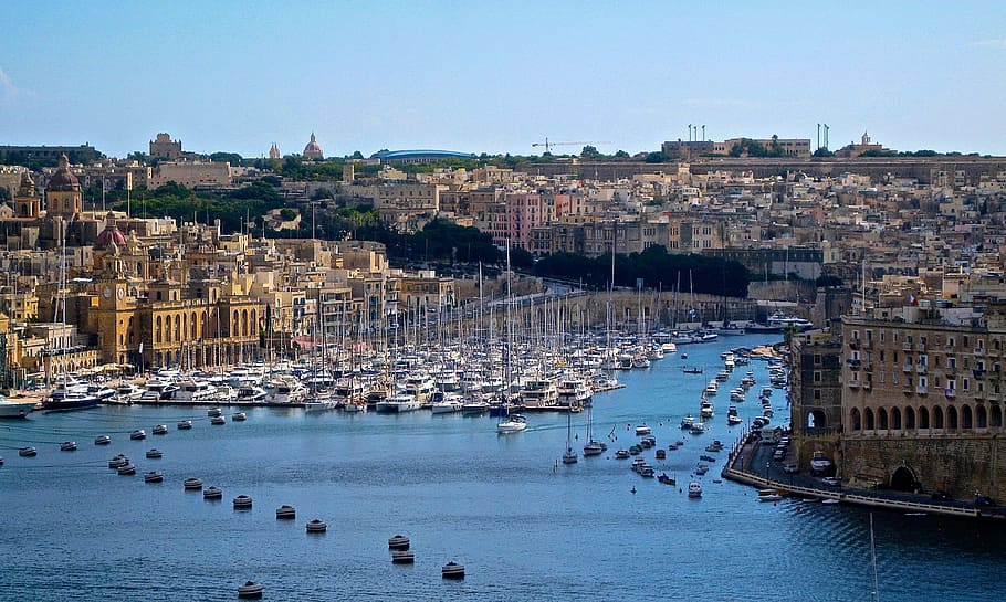 yachts parked at body of water inside city, Malta, Travel, Tourism