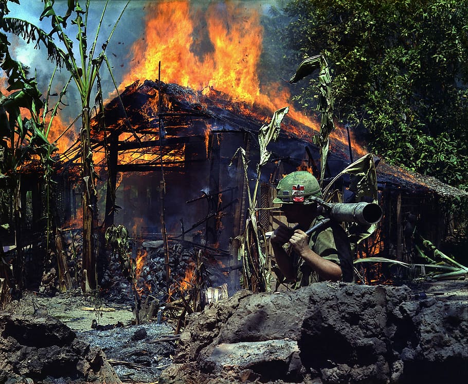 house on fire near tree during daytime, War, Flamethrower, Soldier