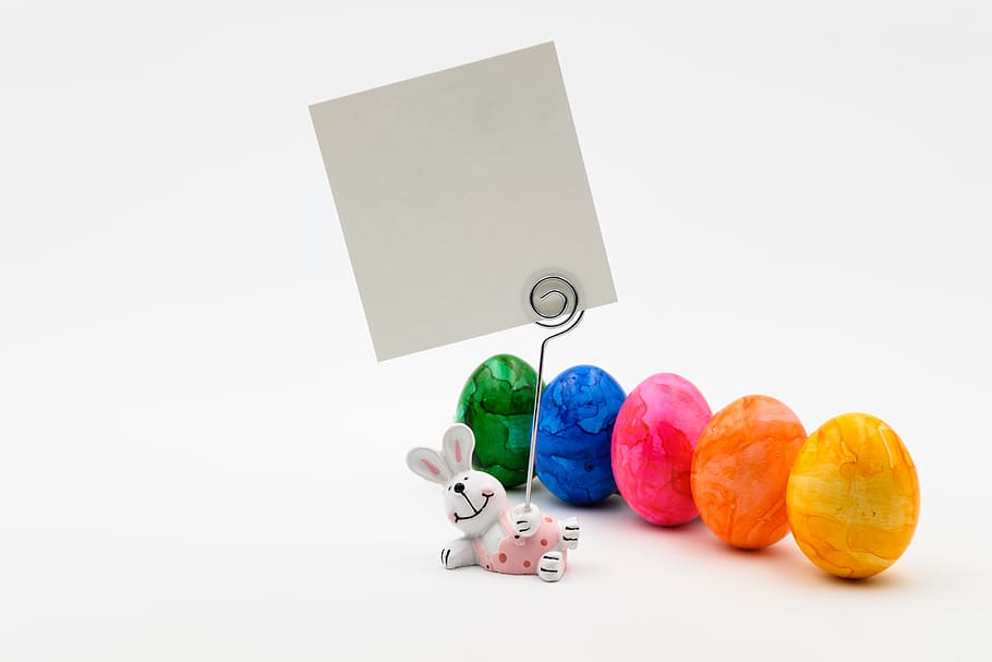 five assorted-color eggs on white surface, easter bunny, hare HD wallpaper