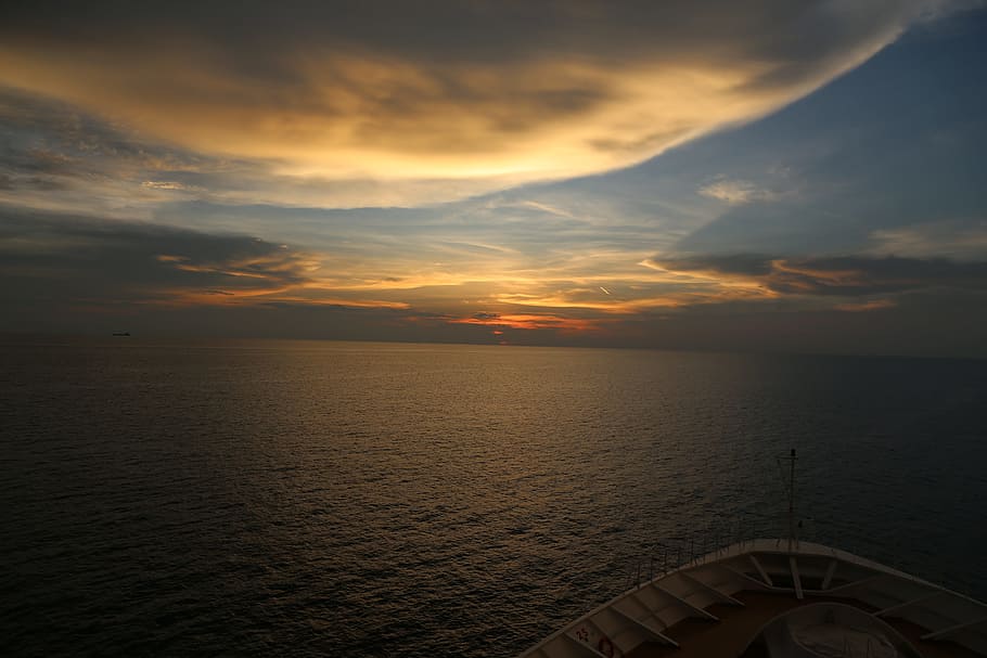 sunset, ship, sea, ocean, water, evening, sky, cloud - sky HD wallpaper