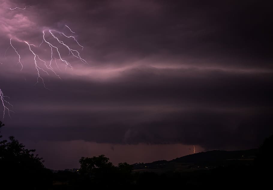 stormy weather, lightning in sky during night time, thunder, energy, HD wallpaper