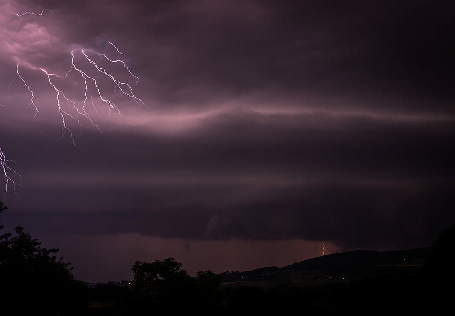 stormy weather, lightning in sky during night time, thunder, energy HD wallpaper