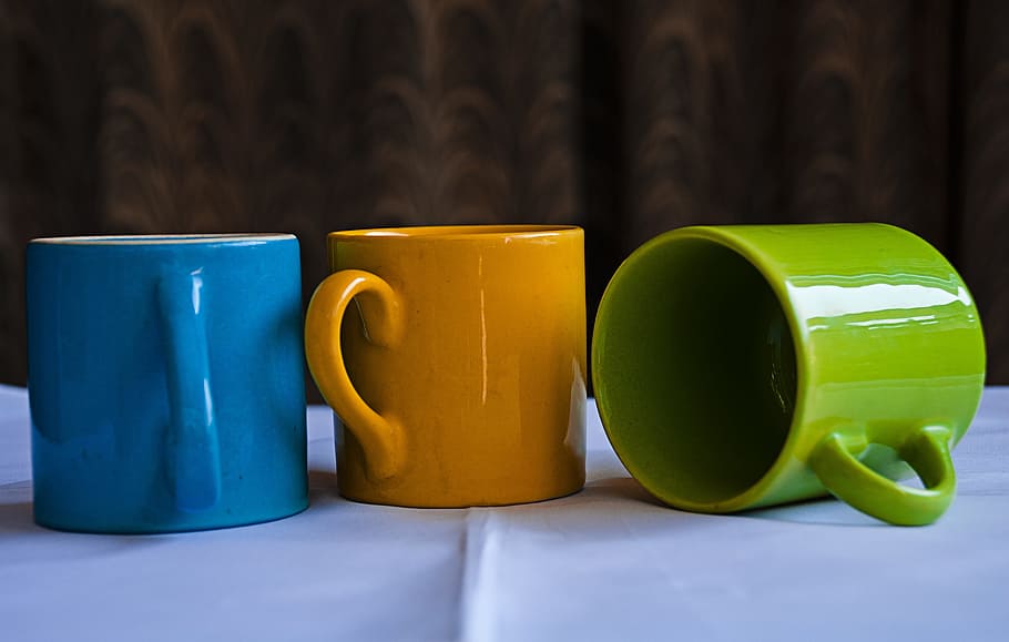 Mugs, China Clay, Chinaware, Cup, blue, green, orange, pottery, HD wallpaper