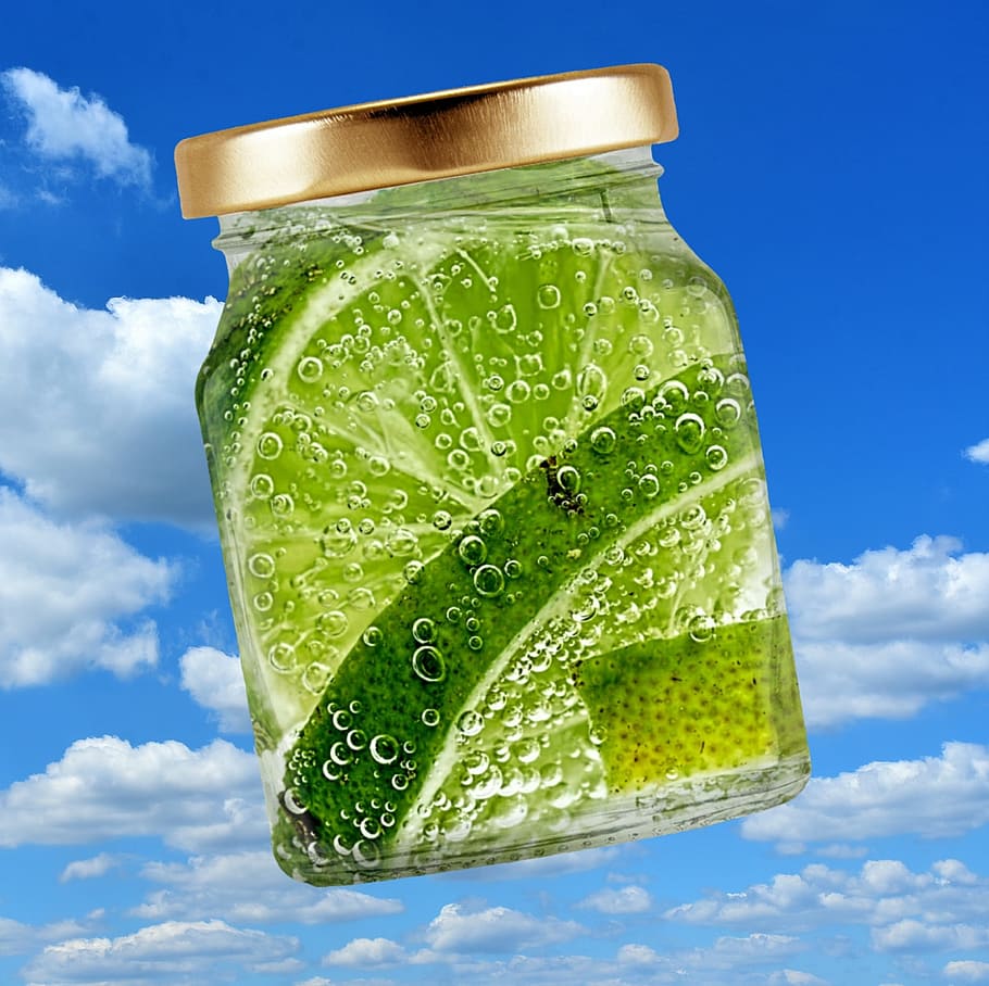 glass, refreshment, lime, bubble, drink, food and drink, sky HD wallpaper