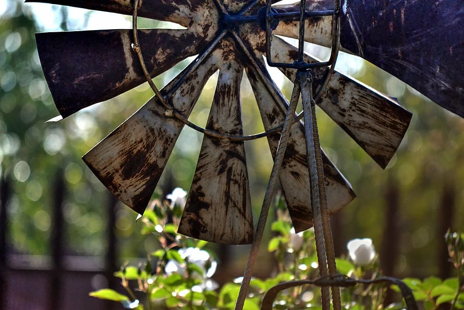 windmill, garden, rusted, decorative, hanging, no people, day HD wallpaper