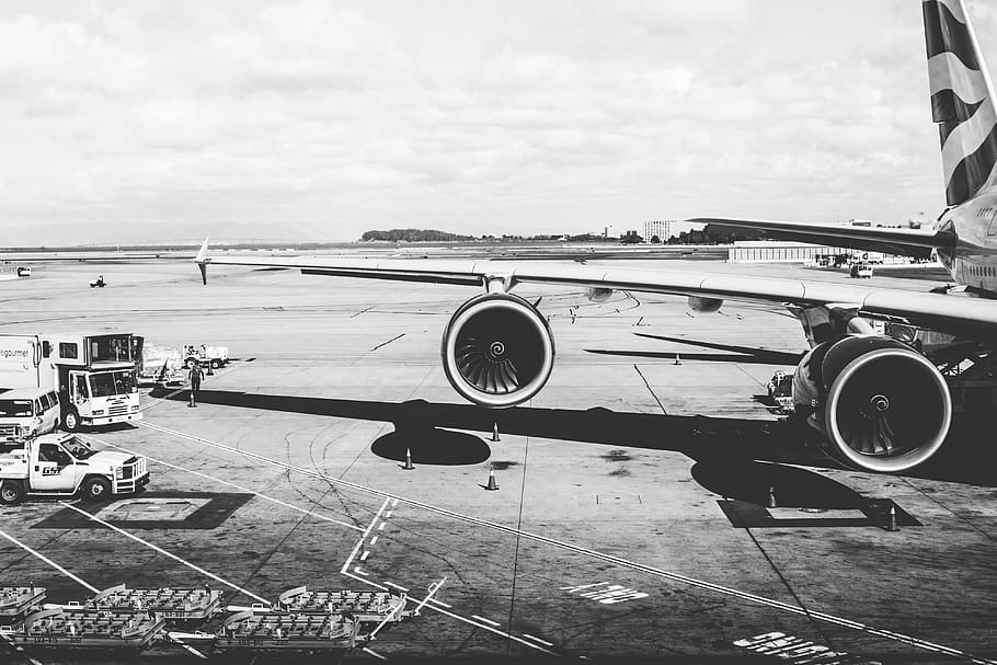 Airplane Wing with Jet Engines at the Airport, airplanes, bw