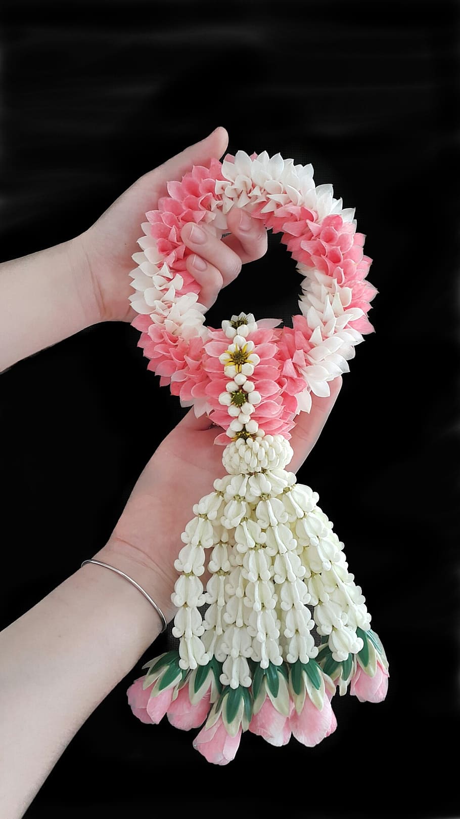 person holding pink, white, and green wreath, flower, thai garland, HD wallpaper