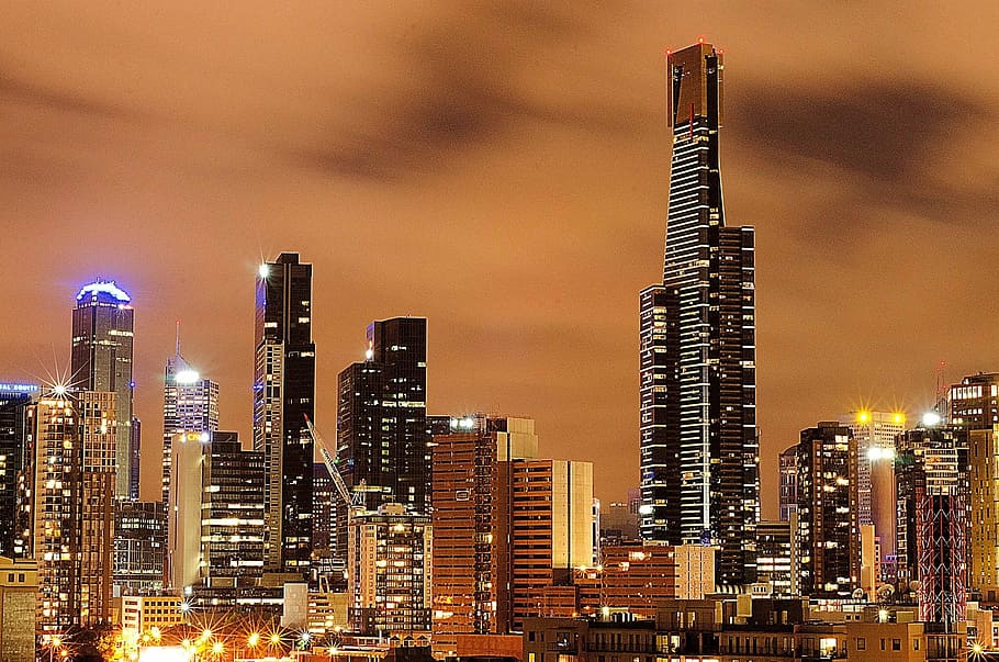 time-lapse photograph of city scrapers, Melbourne, Night, Landmark, HD wallpaper
