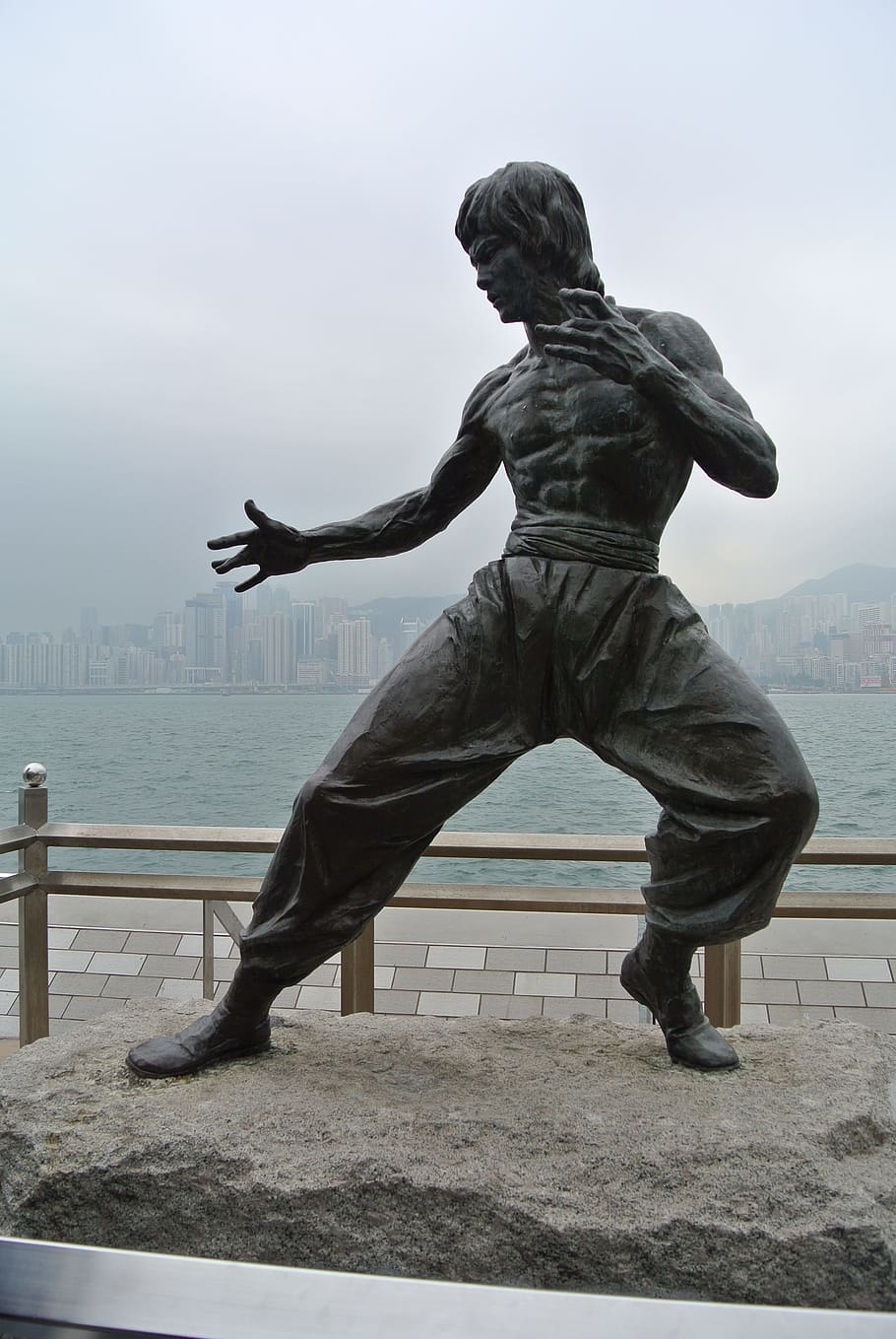 gray Bruce Lee statue, Hong Kong, Actor, celebrity, habour, movie star, HD wallpaper