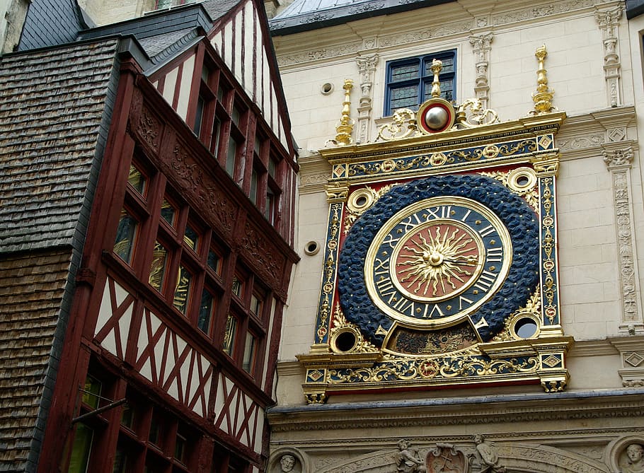 brown and blue clock on building, rouen, normandy, dial, timbered house HD wallpaper