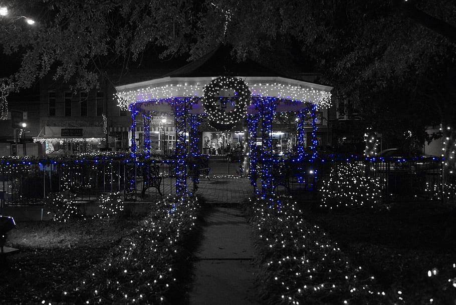 christmas, x-mas, lights, green, bulbs, tree, decoration, city square, HD wallpaper