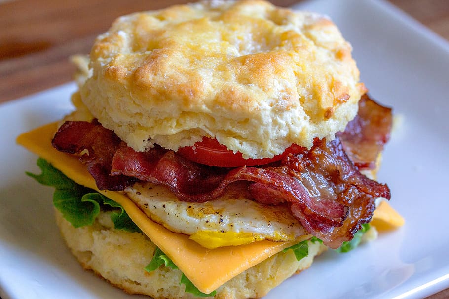 food, plate, sandwich, dinner, bacon, biscuit, breakfast, cheese, HD wallpaper