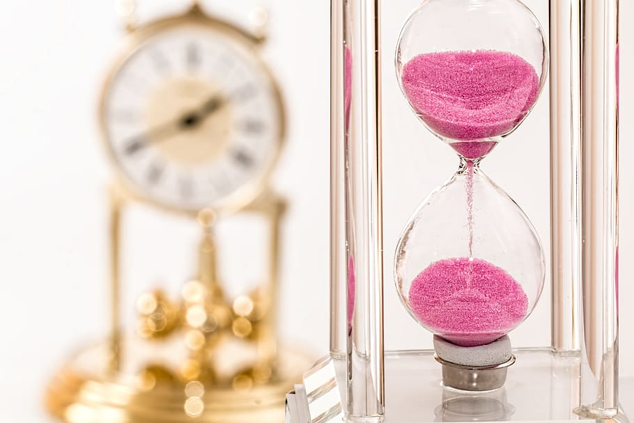 hour glass with pink sands, hourglass, clock, time, deadline
