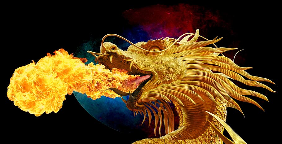 gold dragon breath of fire 3D wallpaper, yellow dragon, fire breathing