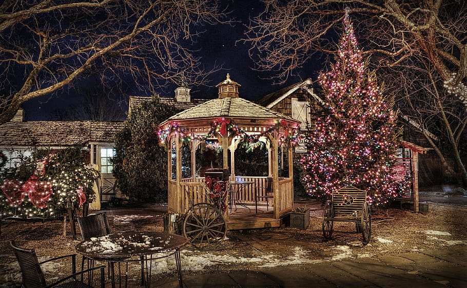 brown and gray wooden gazebo with string lights, pavilion, backyard HD wallpaper