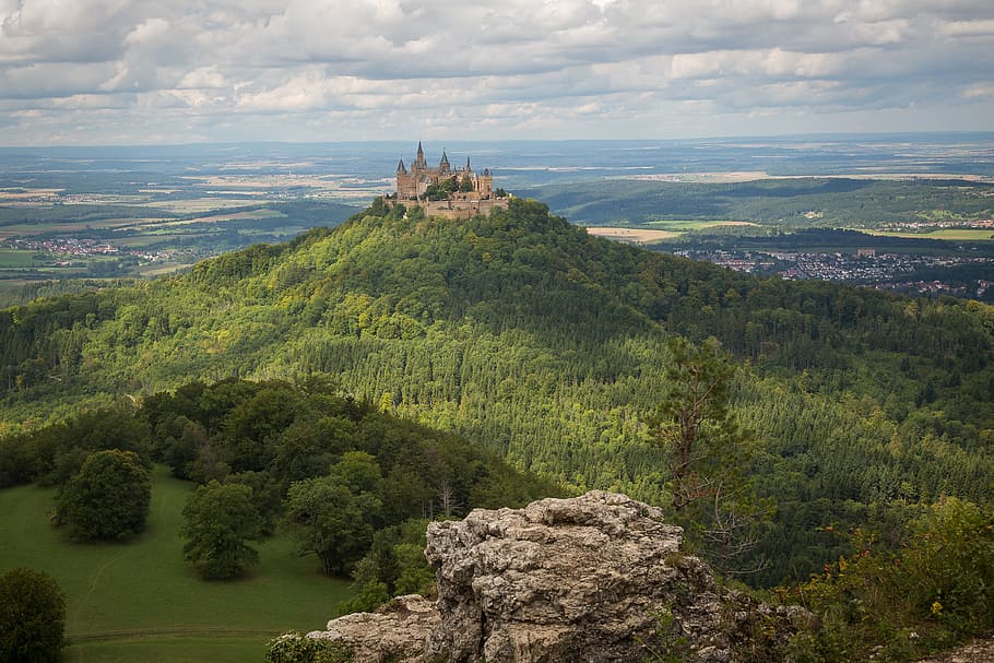 landscape photo of forest and castle, swabian alb, hohenzollern