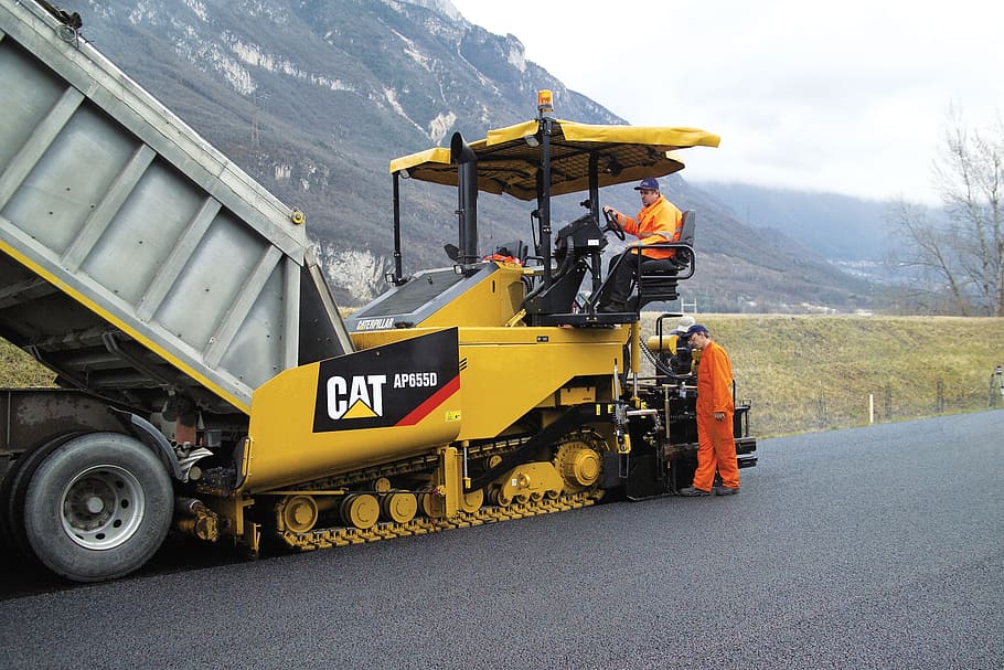asphalt, pavers, cat, ap655d, road, construction, pile, loading