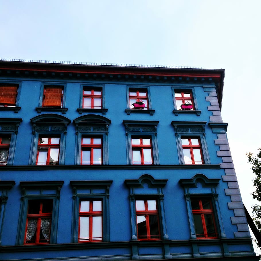 Blue, Facade, Window, Building, blue facade, architecture, house facade HD wallpaper