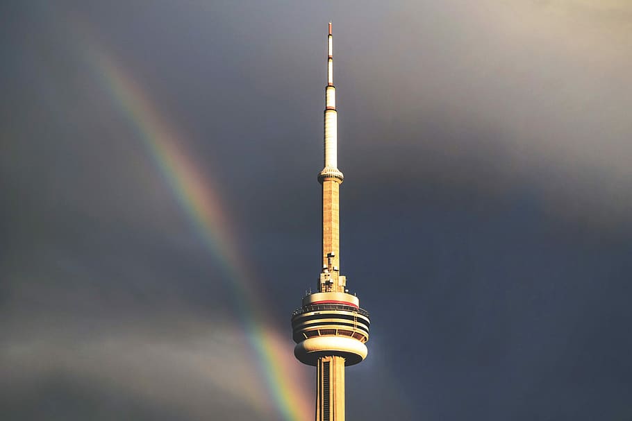 CN Tower, CN Tower with rainbow in background, sky, grey, gray HD wallpaper