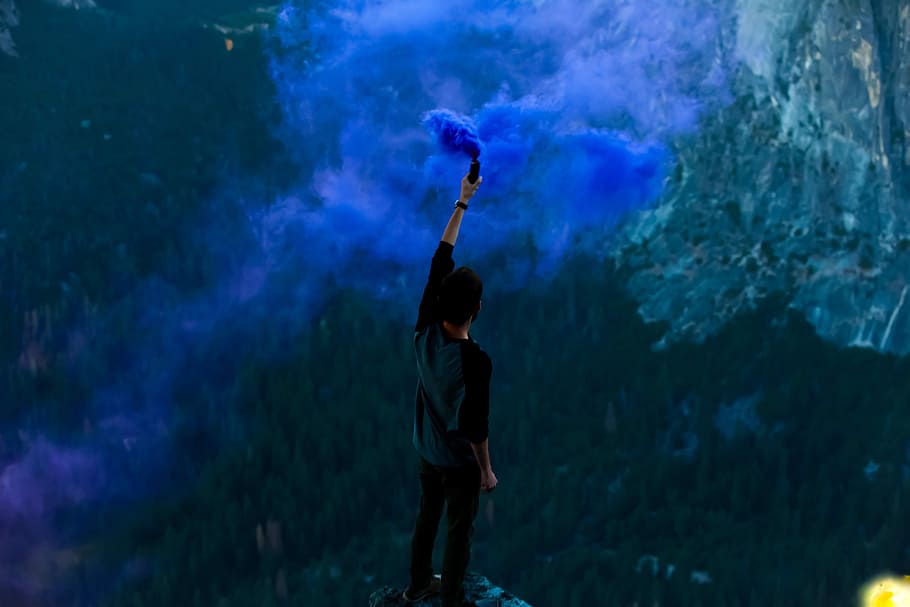 blue, smoke, flair, guy, man, people, nature, mountains, outdoors, HD wallpaper