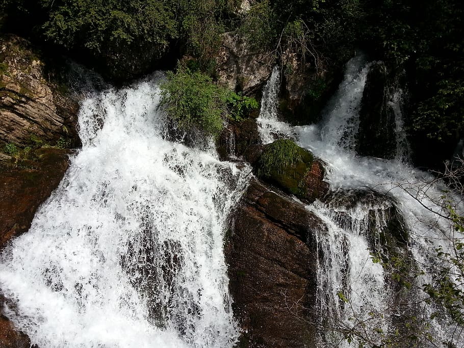 waterfall, nature, river, stream, forest, outdoors, motion HD wallpaper