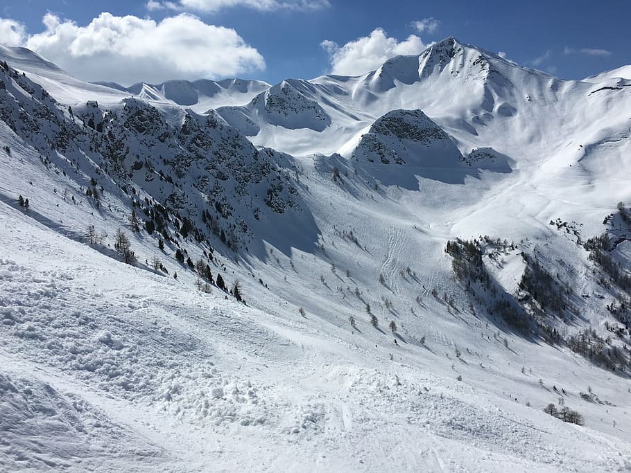 mountain, ski, sun, alpe, snowy, track, winter, mountain range HD wallpaper