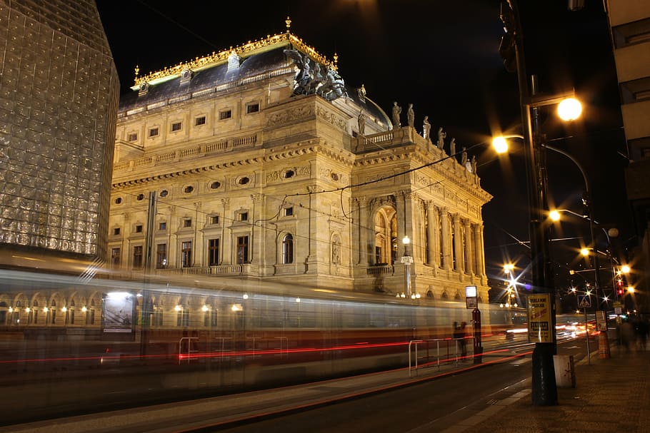 prague, national theatre, the tram, red, night, history, sky, HD wallpaper