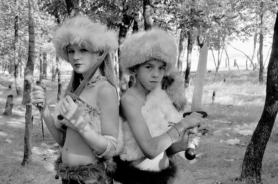 grayscale photo of boy and girl holding weapon s, trail, war HD wallpaper