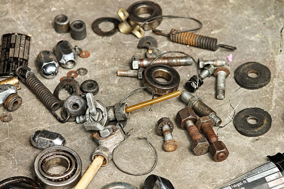 items, motorcycle, screw, nuts, seal, feather, valve, workshop HD wallpaper