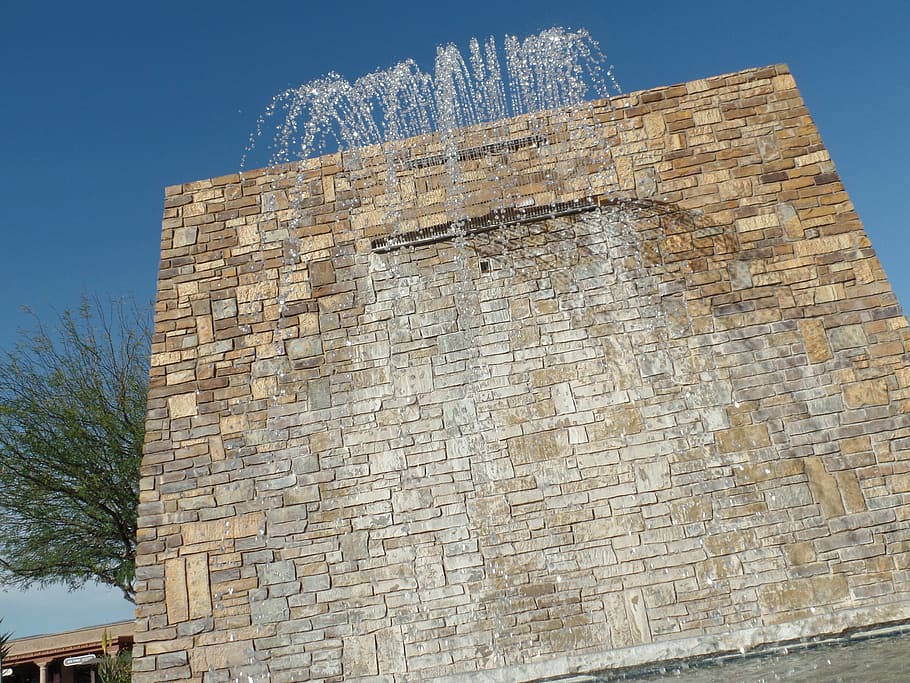 waterfall, brick wall, blue sky, stone, nature, flow, fountain HD wallpaper