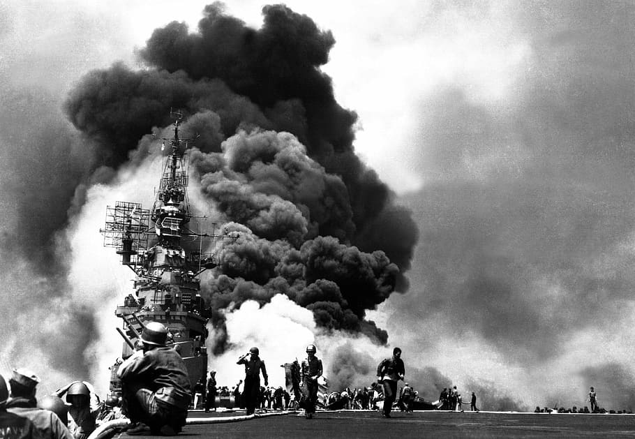 HD wallpaper: USS Bunker Hill after being hit with Kamikaze Planes at  Okinawa, World War II | Wallpaper Flare