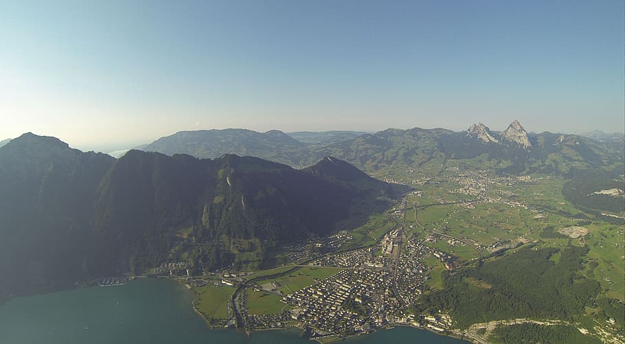 paragliding, fly, summer, mountains, dom, fountain, lake lucerne region HD wallpaper