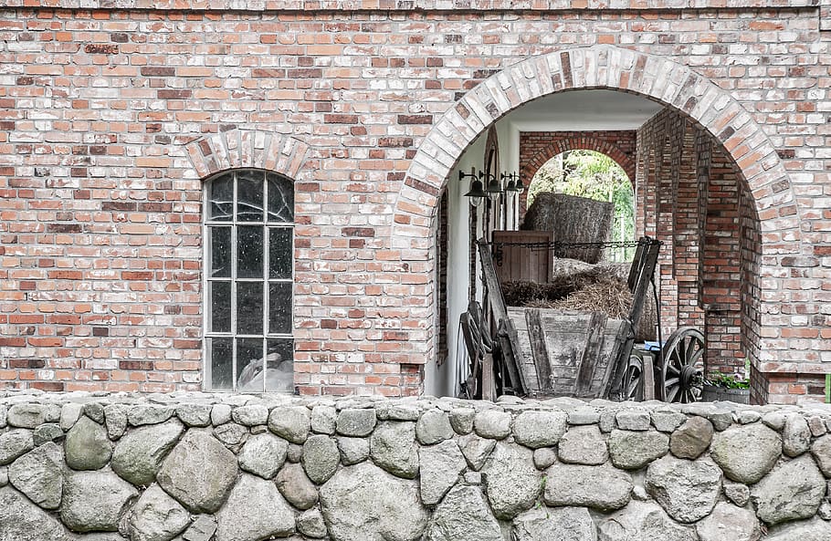 stone arch, box car, natural stone, hay, window, architecture, HD wallpaper