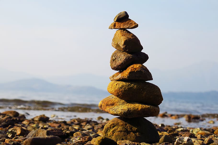cairn stone, rock, nature, sea, balance, beach, waters, boulder, HD wallpaper