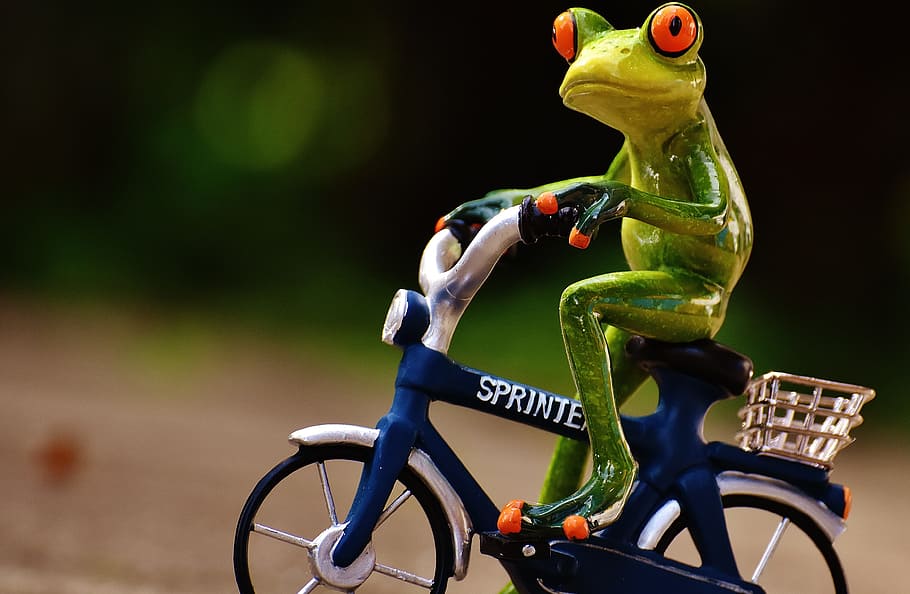 green ceramic frog playing bike figurine in closeup photography, HD wallpaper