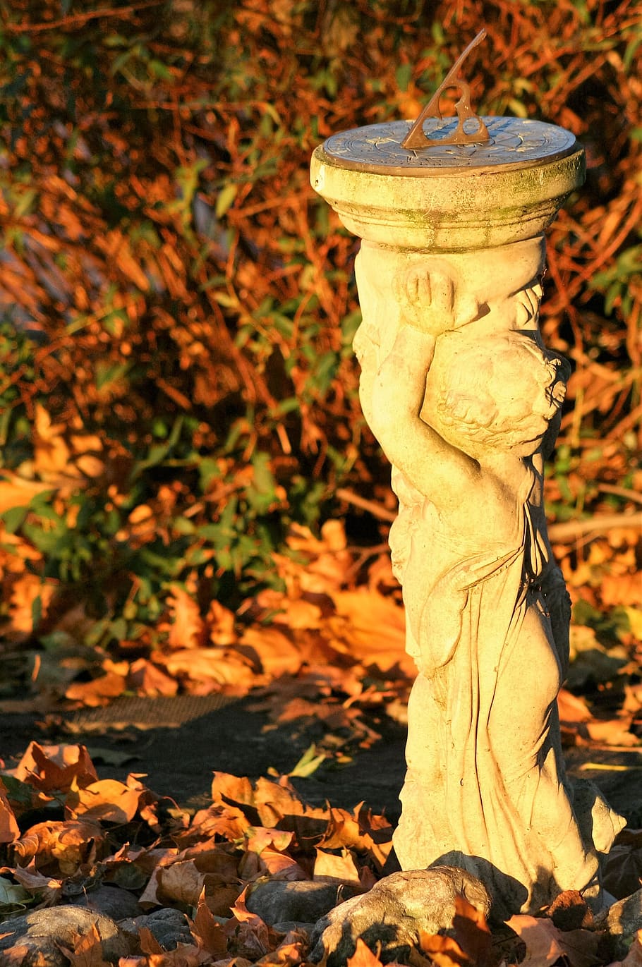sundial, garden, statue, art and craft, autumn, human representation HD wallpaper