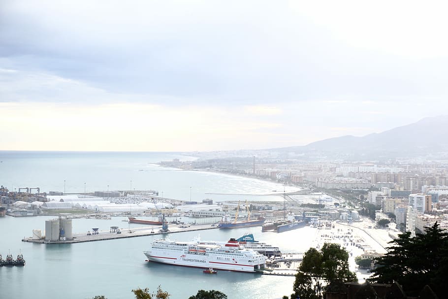 Malaga from the Castle, white cruise ship sailing on body of water near city, HD wallpaper