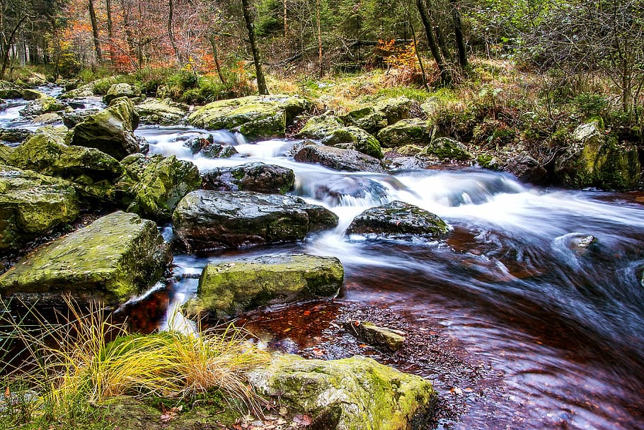 time-lapse photography of waterfalls, river, bach, flow, idyllic HD wallpaper