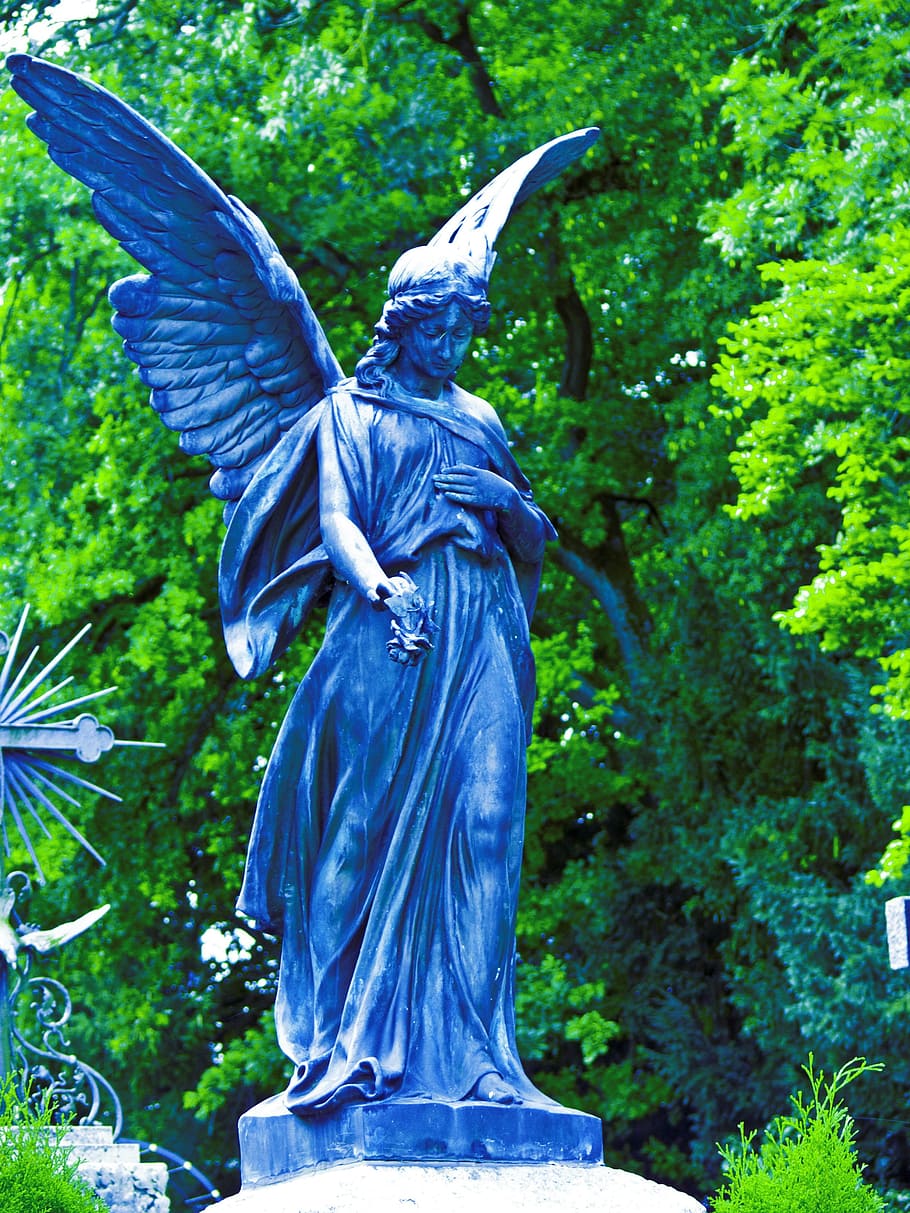 angel woman statue, wings, grave, sculpture, religion, cemetery HD wallpaper