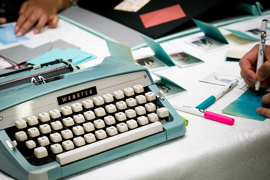 close up photo of blue and white Webster typewriter, retro HD wallpaper
