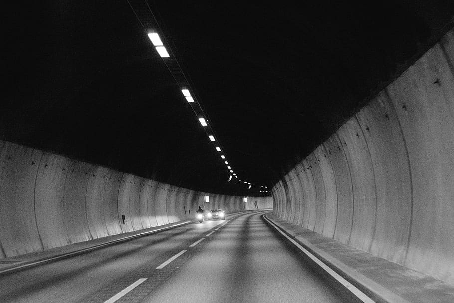 tunnel, road, pavement, cars, motorbike, motorcycle, lights, HD wallpaper