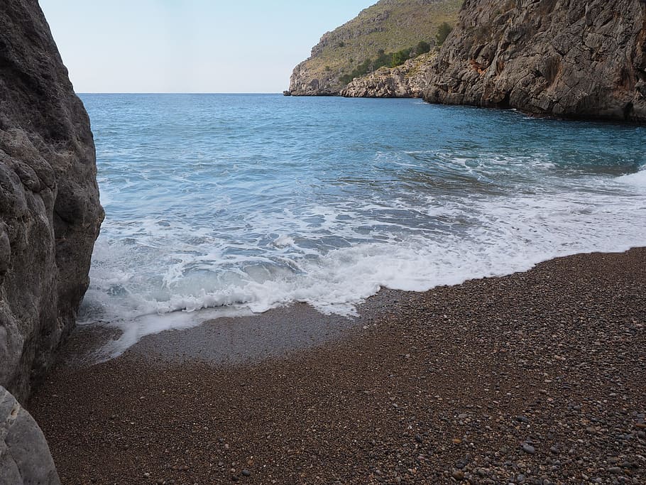 sea, wave, beach, pebble beach, booked, sa calobra, bay of sa calobra HD wallpaper