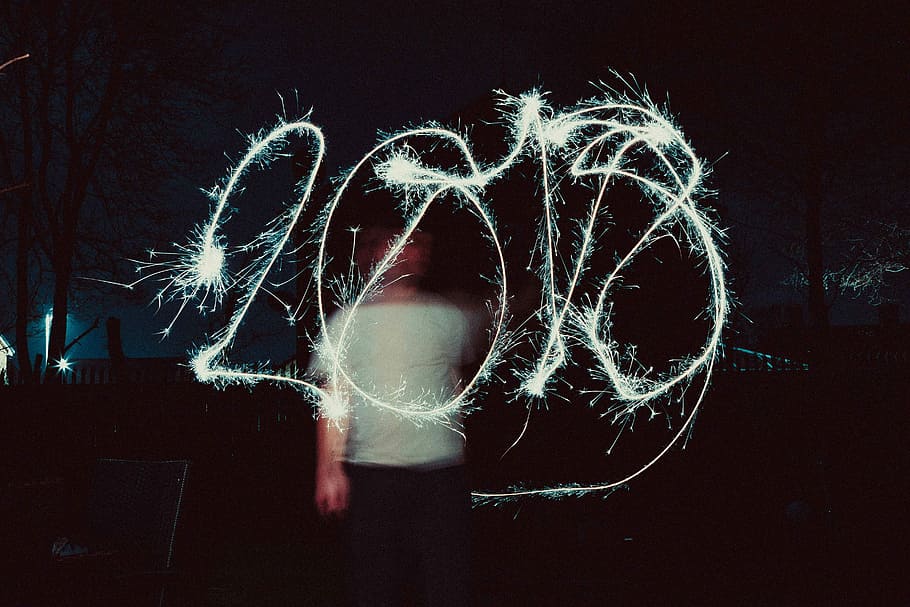 2018 firecracker text overlay, steel wool photography of person performing 2018 shape at night HD wallpaper