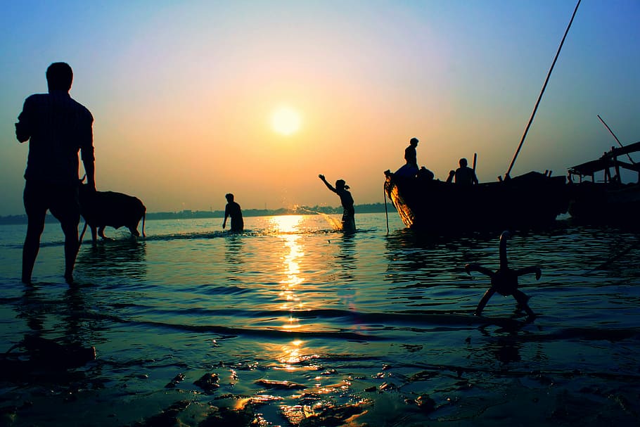 landscape, river, sunset, bengal, rural, villagers, water, sky HD wallpaper