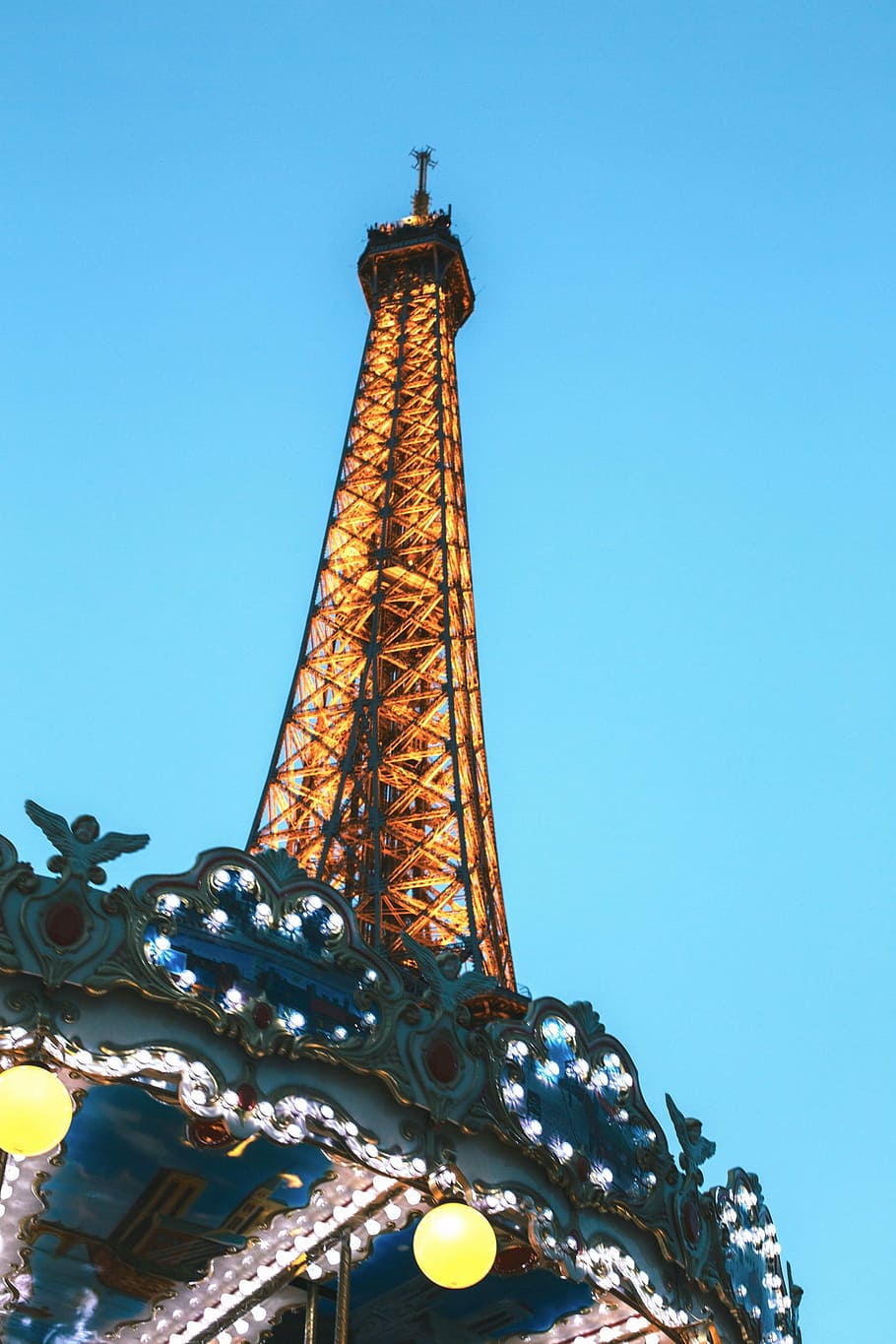 gold tower under the blue sky, eiffel, night, time, amusement, HD wallpaper