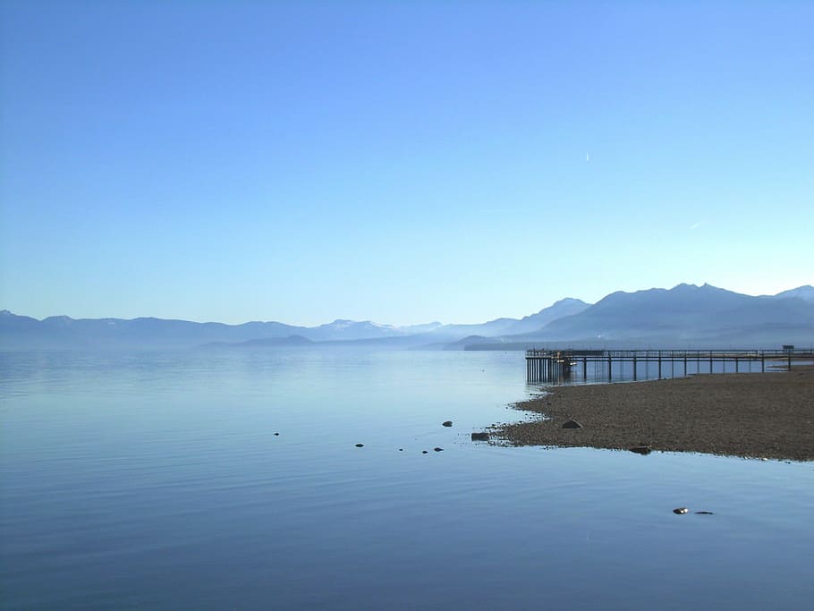 dock on calm body of water under blue sky, black, sea, range HD wallpaper
